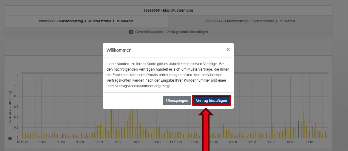 Portal-Übersicht mit Musterverträgen, darüber das Fenster „Willkommen“ mit den Knöpfen „Überspringen“ und „Vertrag hinzufügen“; ein roter Pfeil zeigt auf „Vertrag hinzufügen“.