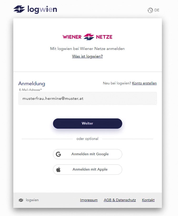 logwien-Anmeldung: Feld E-Mail-Adresse und Knopf Weiter
