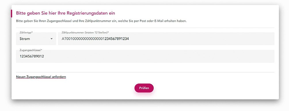 Eingabemaske für Zugangsschlüssel und Zählpunktnummer