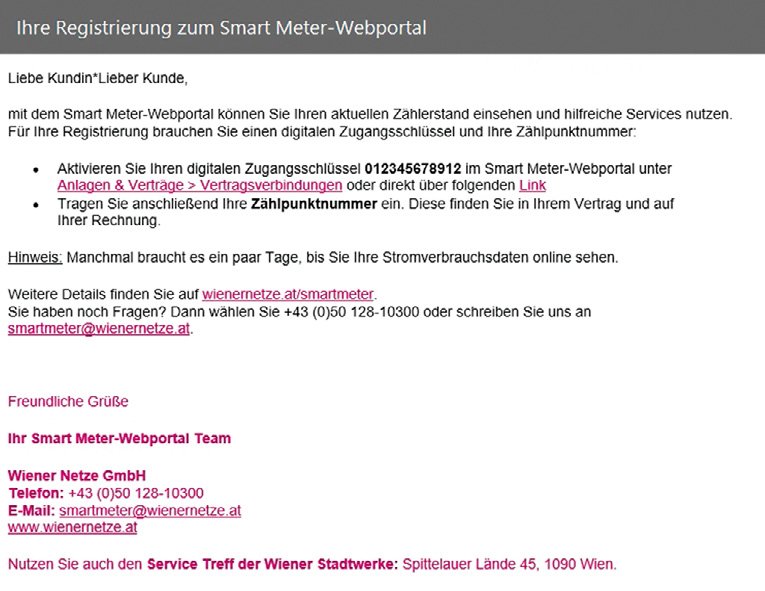 E-Mail der Wiener Netze mit Zugangsschlüssel und Direkt-Link
