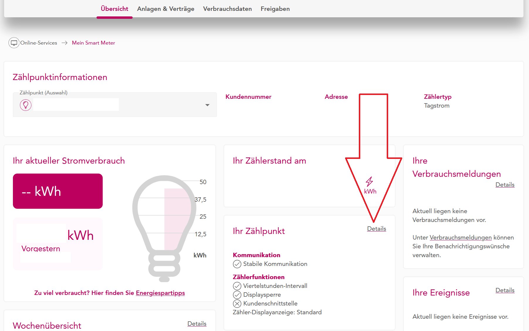 Übersicht Mein Smart Meter mit dem Link Details bei Ihr Zählpunkt