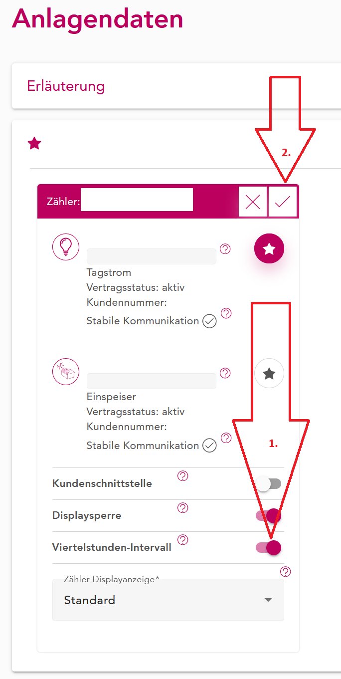 Schalter Viertelstunden-Intervall eingeschaltet, oben der Haken zum Speichern