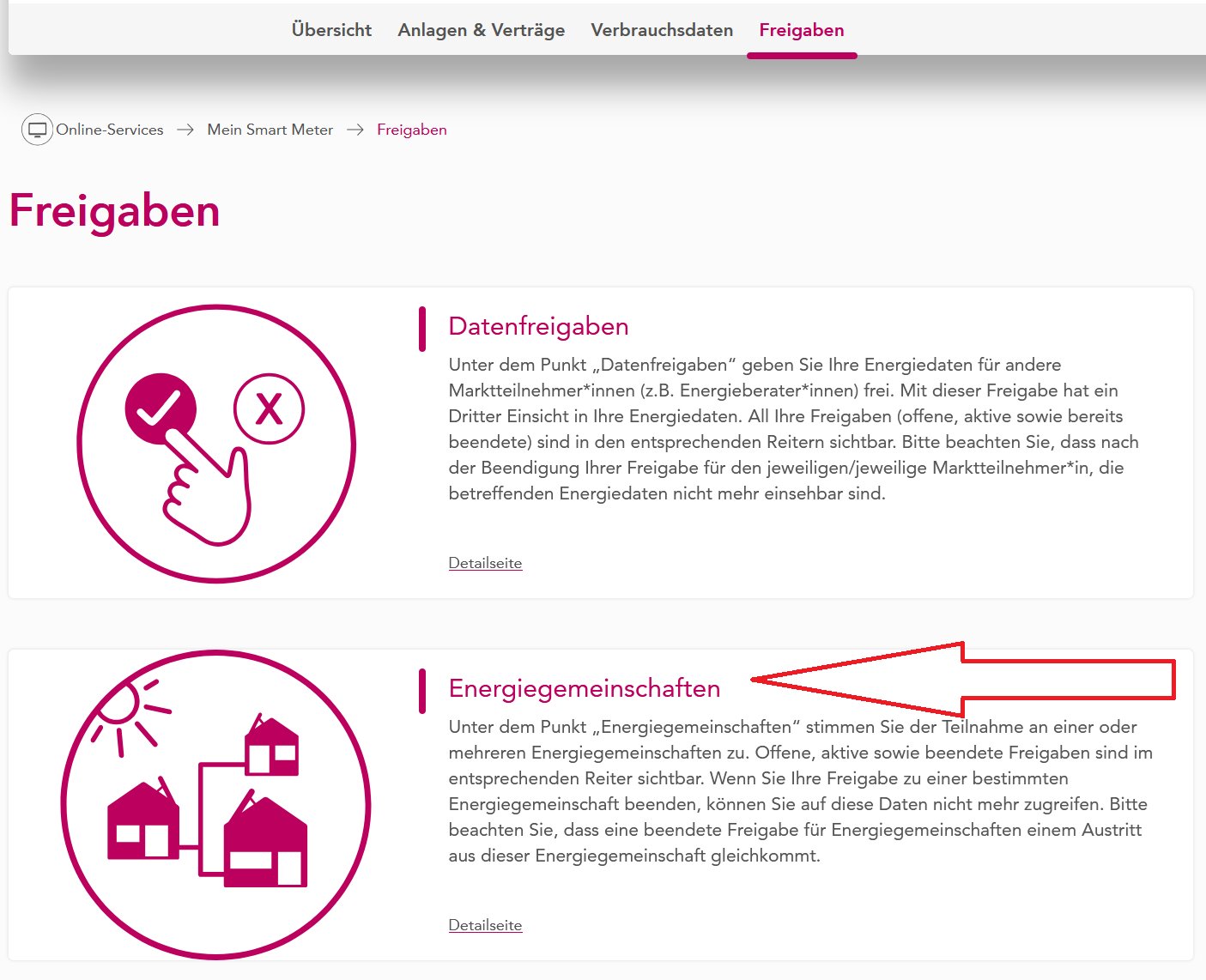 Seite Freigaben mit den Bereichen Datenfreigaben und Energiegemeinschaften