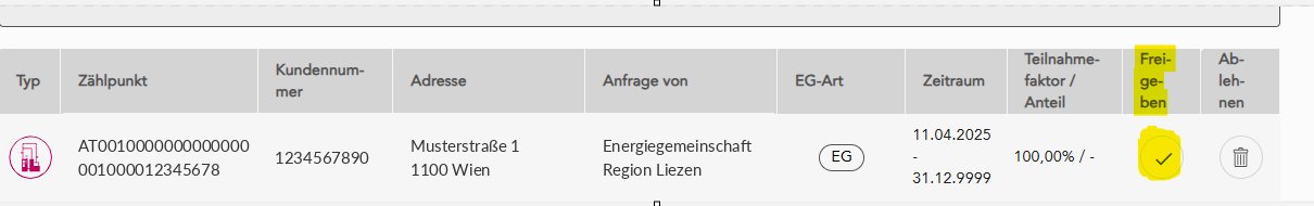 Offene Anfrage der Energiegemeinschaft Region Liezen mit dem Haken in der Spalte Freigeben